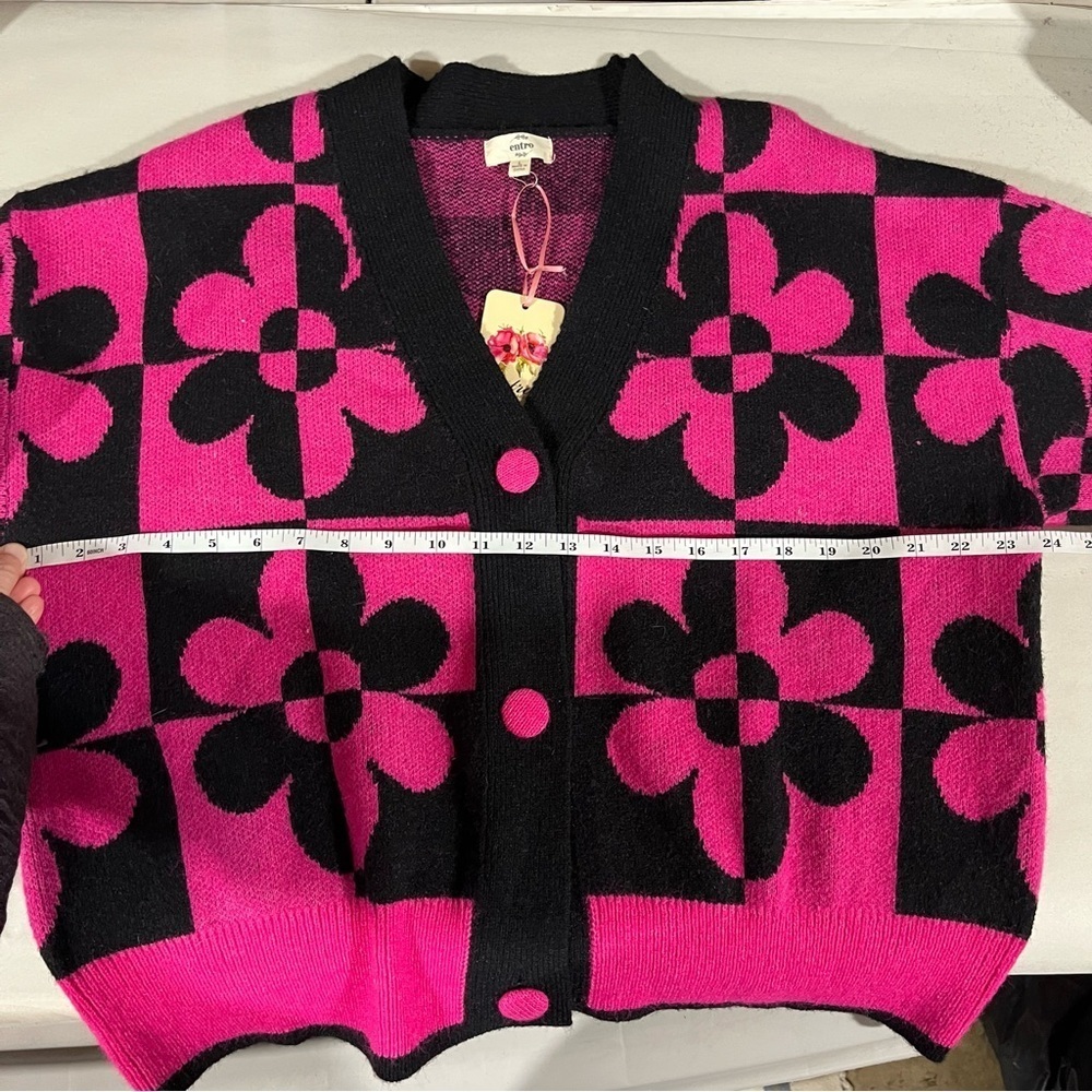 Entro New Pink and Black Floral Cardigan Retro Large - Picture 7 of 8